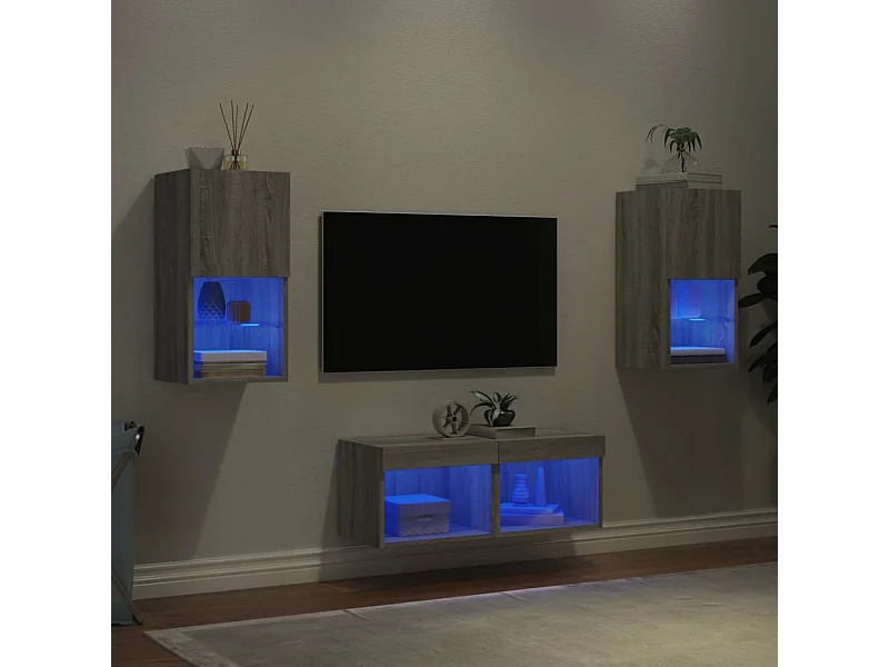 Meuble TV | Banc TV | Armoire TV muraux 4 pcs avec lumières LED sonoma gris