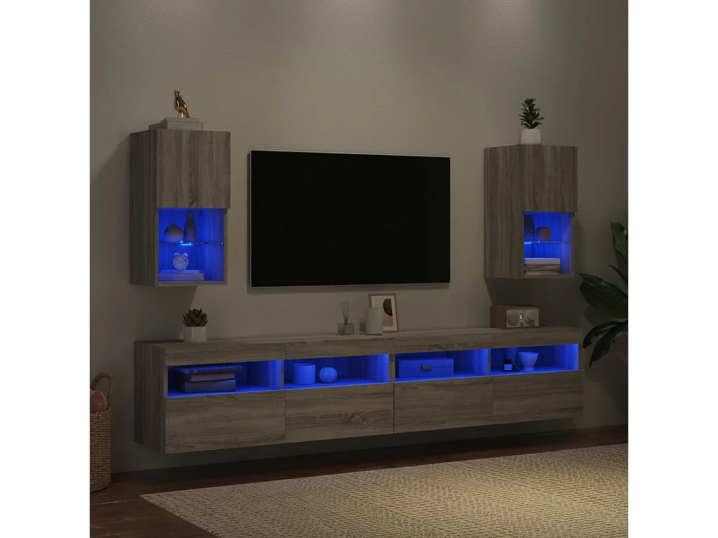 muebles para TV  | Gabinetes de TV |  Muebles de salón con luces LED 2 uds gris Sonoma 30,5x30x60 cm