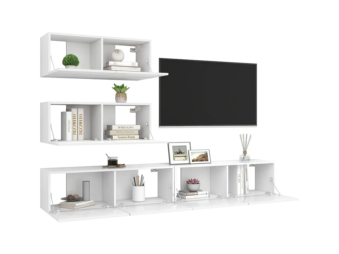 Set de muebles de salón TV | Gabinetes de TV |  Muebles de TV 4 piezas madera de ingeniería blanco