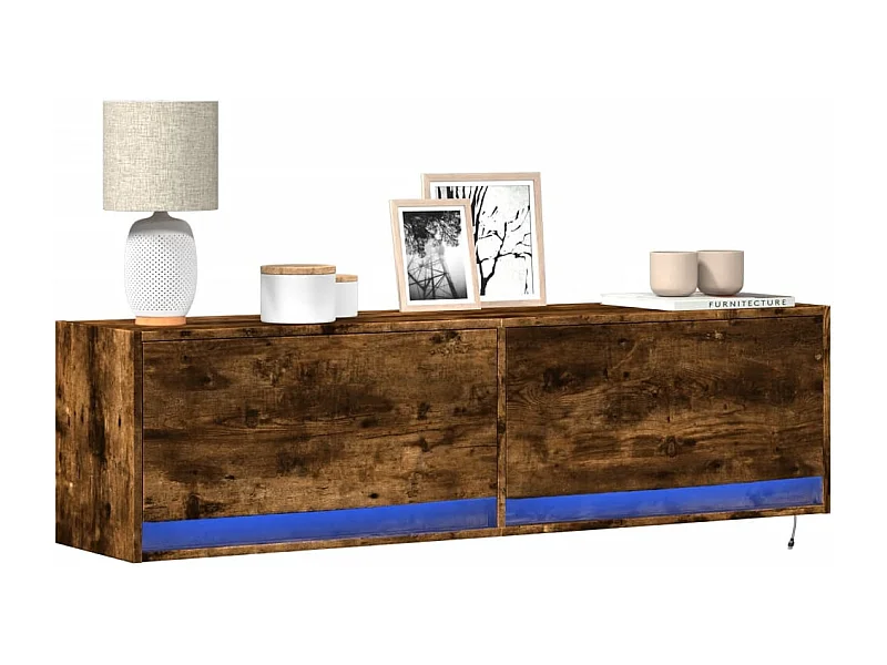 Meuble TV | Banc TV | Armoire TV mural avec lumières LED chêne fumé 140x31x38 cm