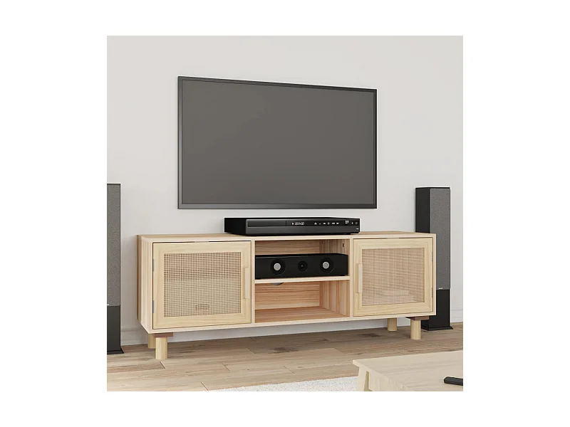 Mueble para TV  | Gabinete de TV |  Mueble de salón madera maciza pino y ratán natural 105x30x40 cm