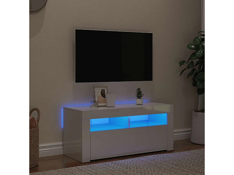 Meuble TV | Banc TV | Armoire TV avec lumières LED blanc brillant 90x35x40 cm