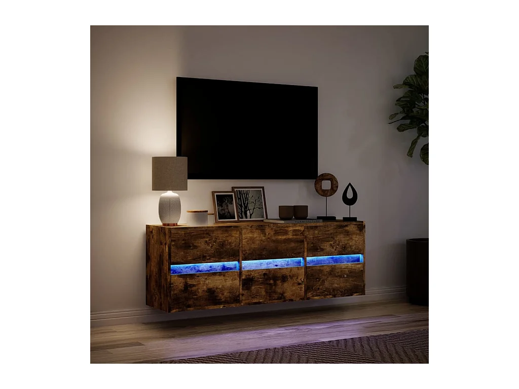 Mueble de TV | Mueble de salón de pared con luces LED roble ahumado 130x31x45 cm