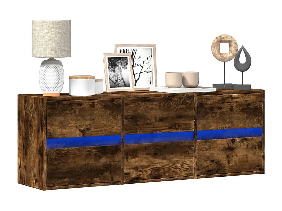 Meuble TV | Banc TV | Armoire TV mural avec lumières LED chêne fumé 130x31x45 cm