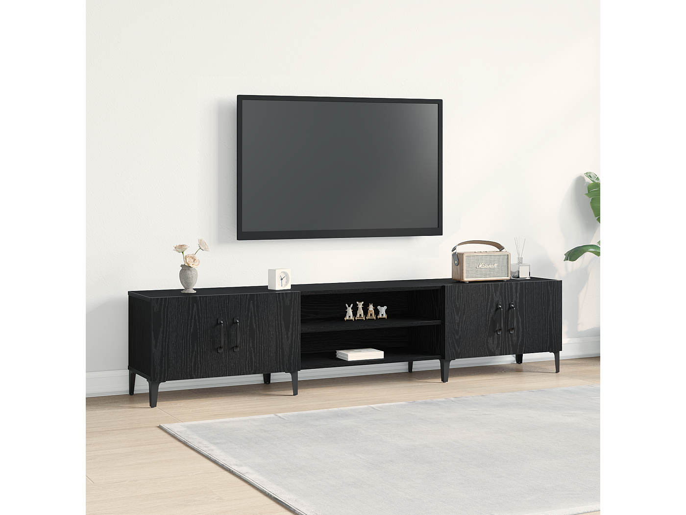 VidaXL Meuble TV Noir Chêne 180x31,5x40 Cm Bois D'Ingénierie Avec 4 Portes - Rangement Élégant Et Moderne