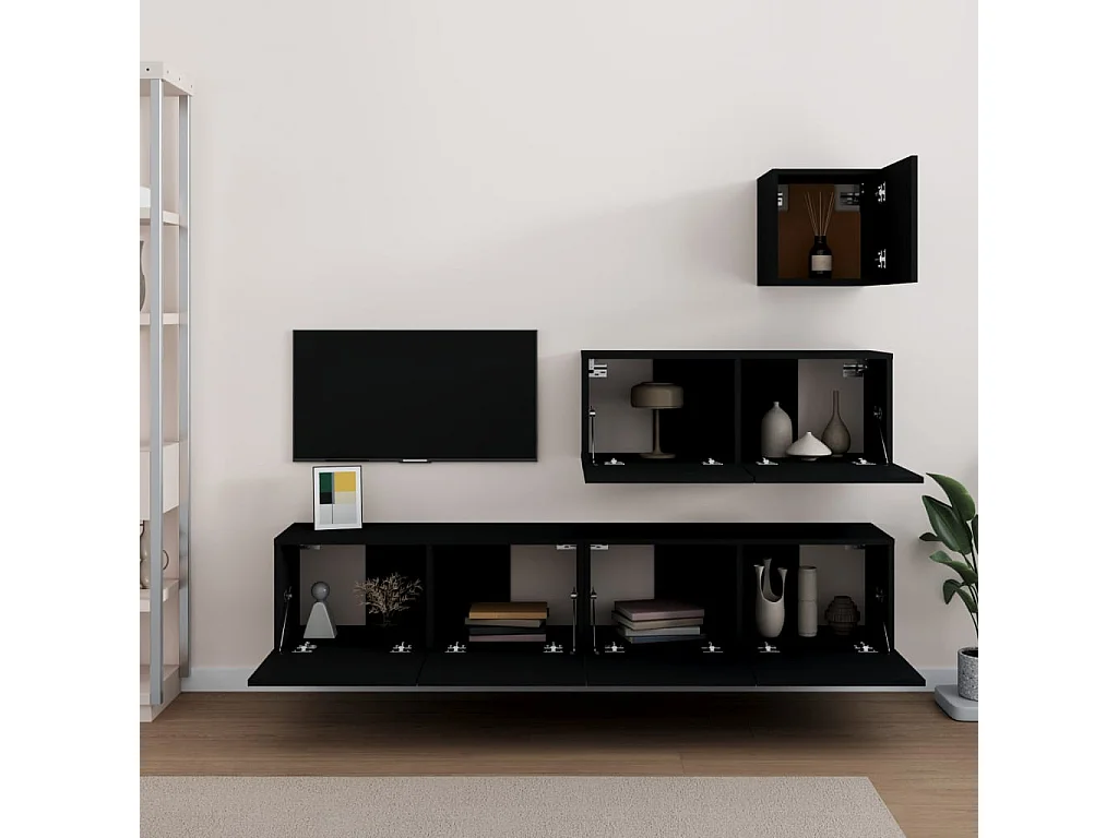 Set de muebles para TV  | Gabinetes de TV |  Muebles de salón 4 piezas madera contrachapada negro