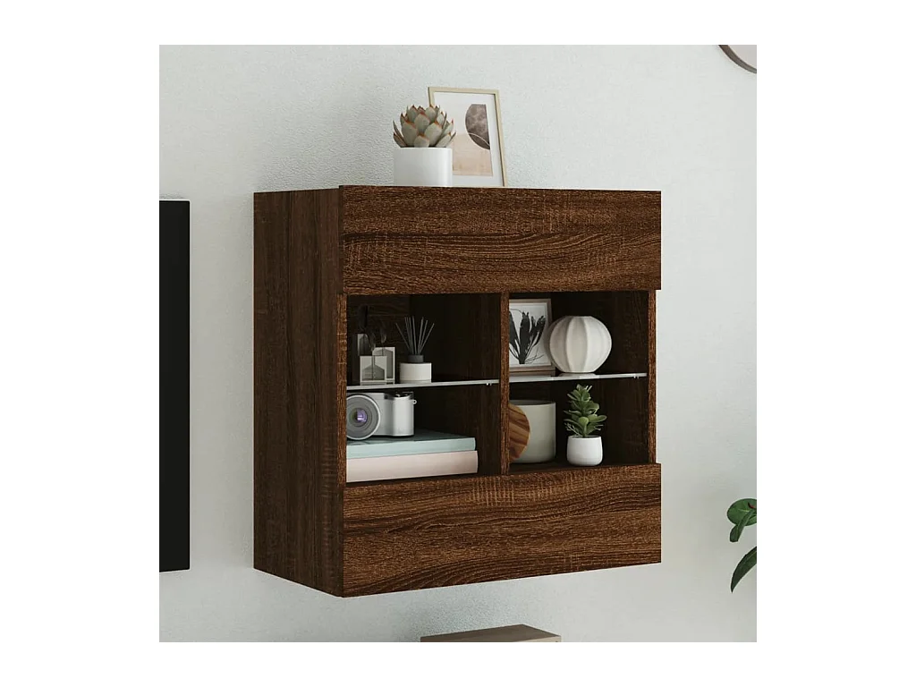 Mueble TV | Gabinete de TV | Mueble de salón de pared con luces LED roble marrón 58,5x30x60,5 cm