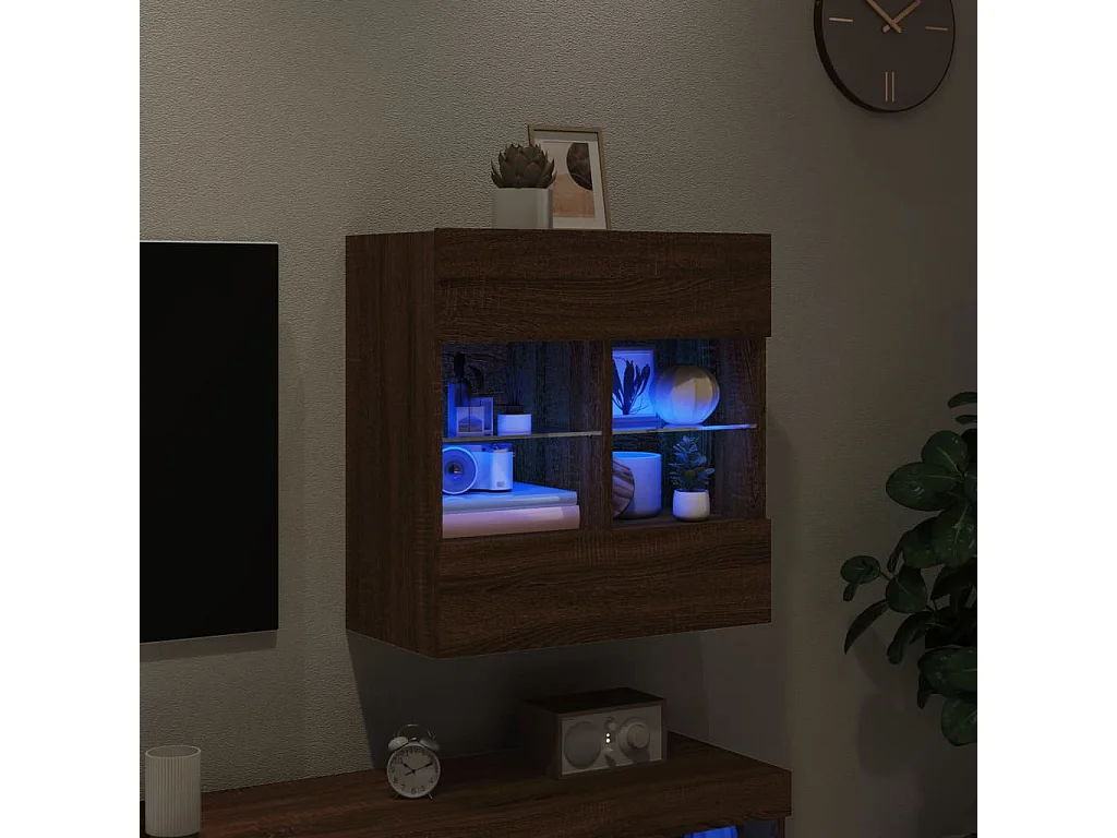 Mueble TV | Gabinete de TV | Mueble de salón de pared con luces LED roble marrón 58,5x30x60,5 cm