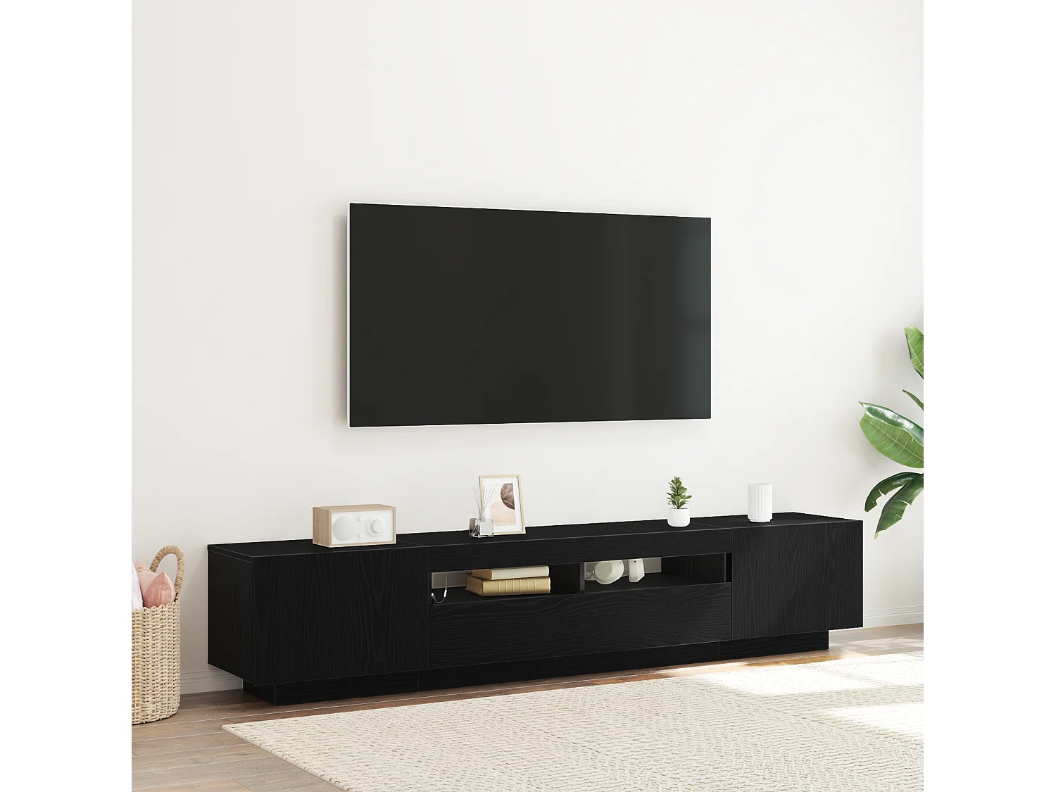 Tv-meubel | Tv-Bank | TV-kastmet LED 200x35x40 cm bewerkt hout zwart eikenkleurig