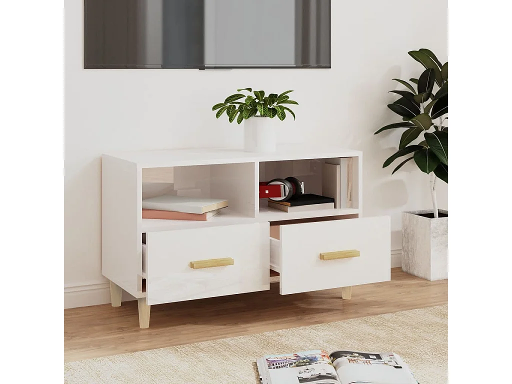 Mueble de TV | Mueble de salón madera contrachapada blanco brillo 80x36x50 cm