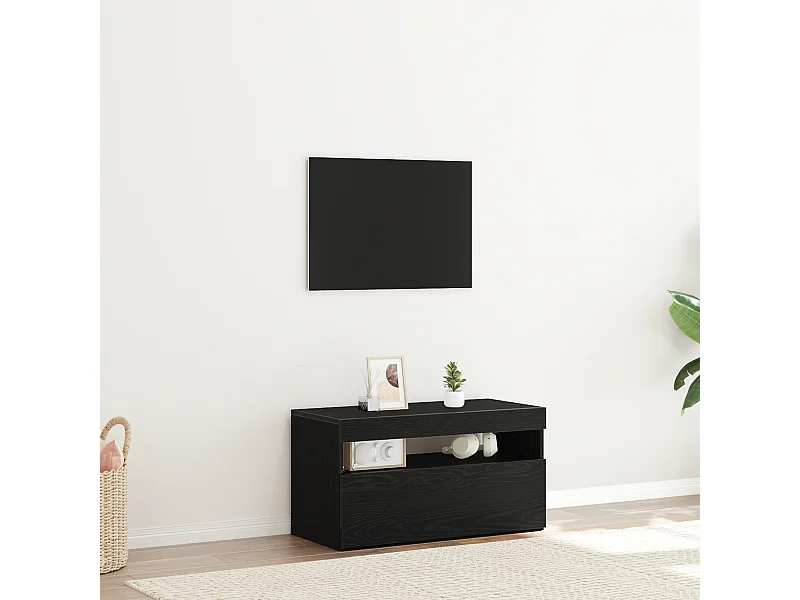 Meuble TV | Banc TV | Armoire TV avec lumières LED Chêne Noir 75x35x40 cm en bois d'ingénierie