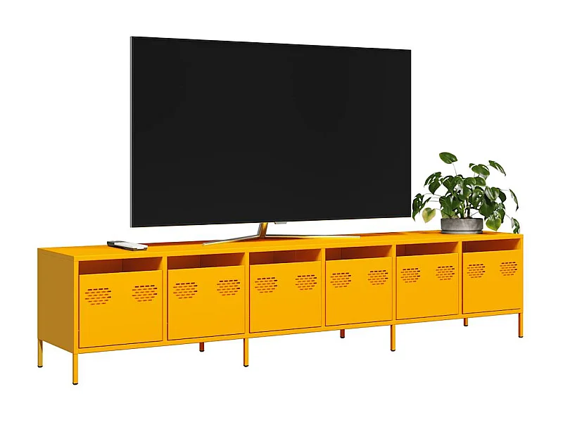Mueble TV | Gabinete de TV | Mueble de salón acero laminado en frío amarillo mostaza 202x39x43,5cm