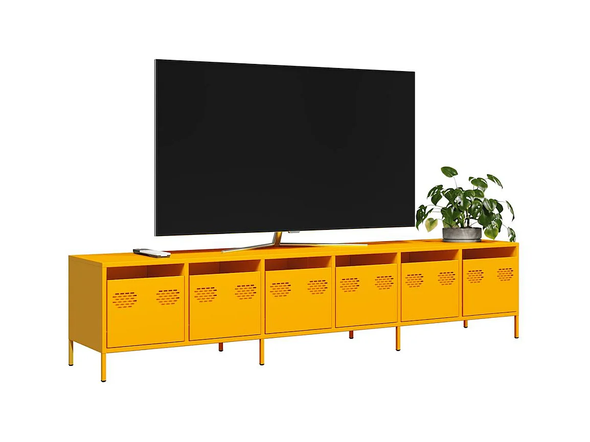 Mueble TV | Gabinete de TV | Mueble de salón acero laminado en frío amarillo mostaza 202x39x43,5cm