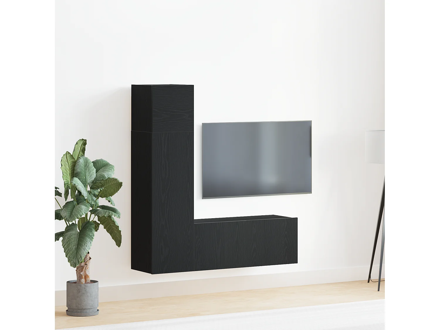 Ensemble TV | Banc TV | Armoire TV 3 pièces en chêne noir, en bois d'ingénierie.