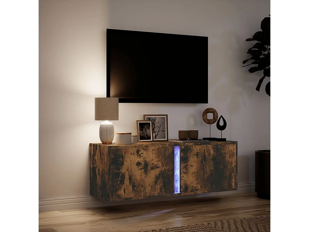 Mueble de TV | Mueble de salón de pared con luces LED roble ahumado 100x31x35 cm