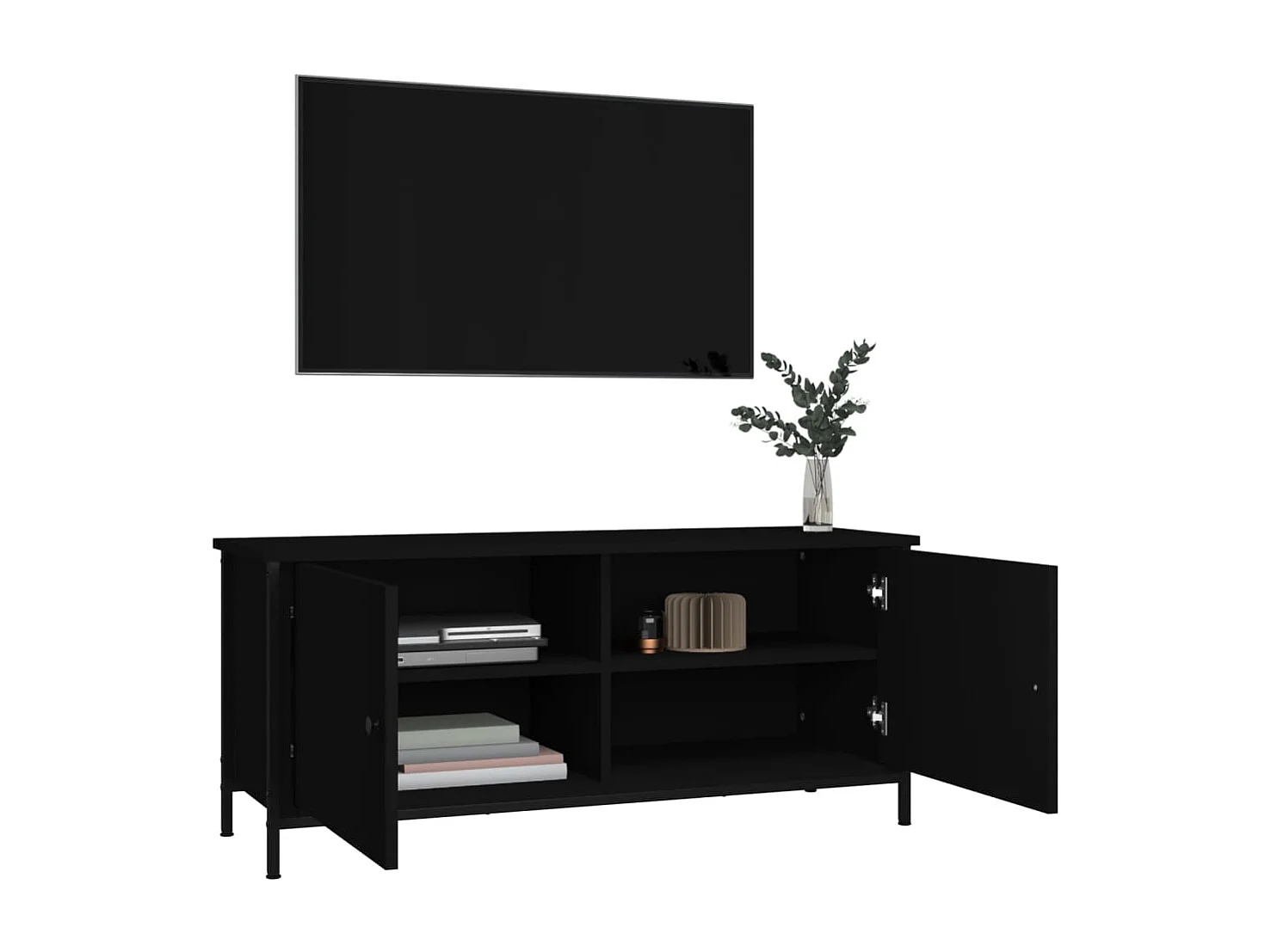 Mueble TV | Gabinete de TV | Mueble de salón con puertas madera contrachapada negro 102x35x45 cm