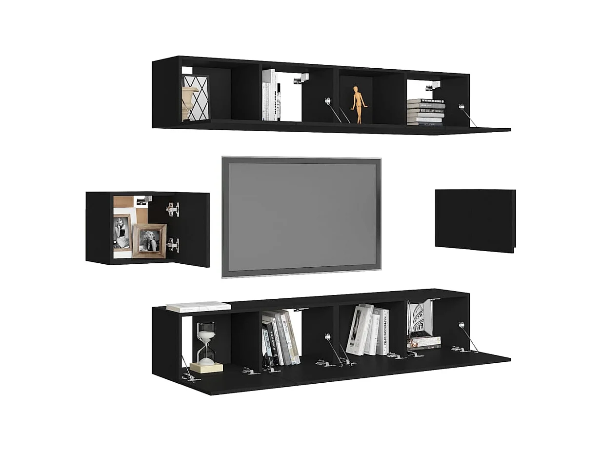 Set de muebles de salón TV | Gabinetes de TV |  Muebles de TV 6 piezas madera ingeniería negro