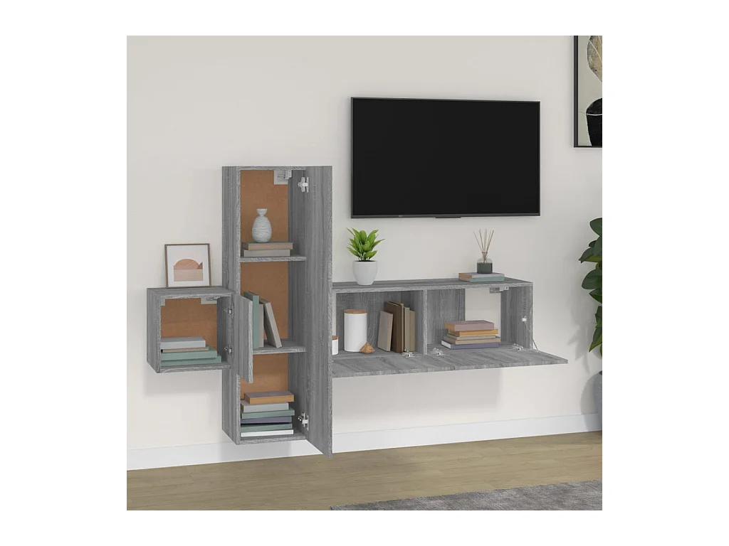 Set de muebles para TV  | Gabinetes de TV |  Muebles de salón 3 pzas madera contrachapada gris Sonoma