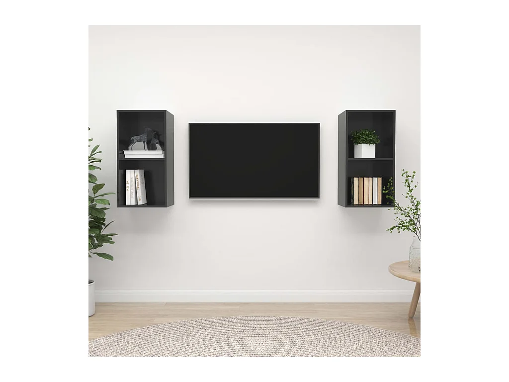 Muebles de salón | Gabinetes de TV |  Muebles de TV de pared 2 pzas madera ingeniería gris brillo