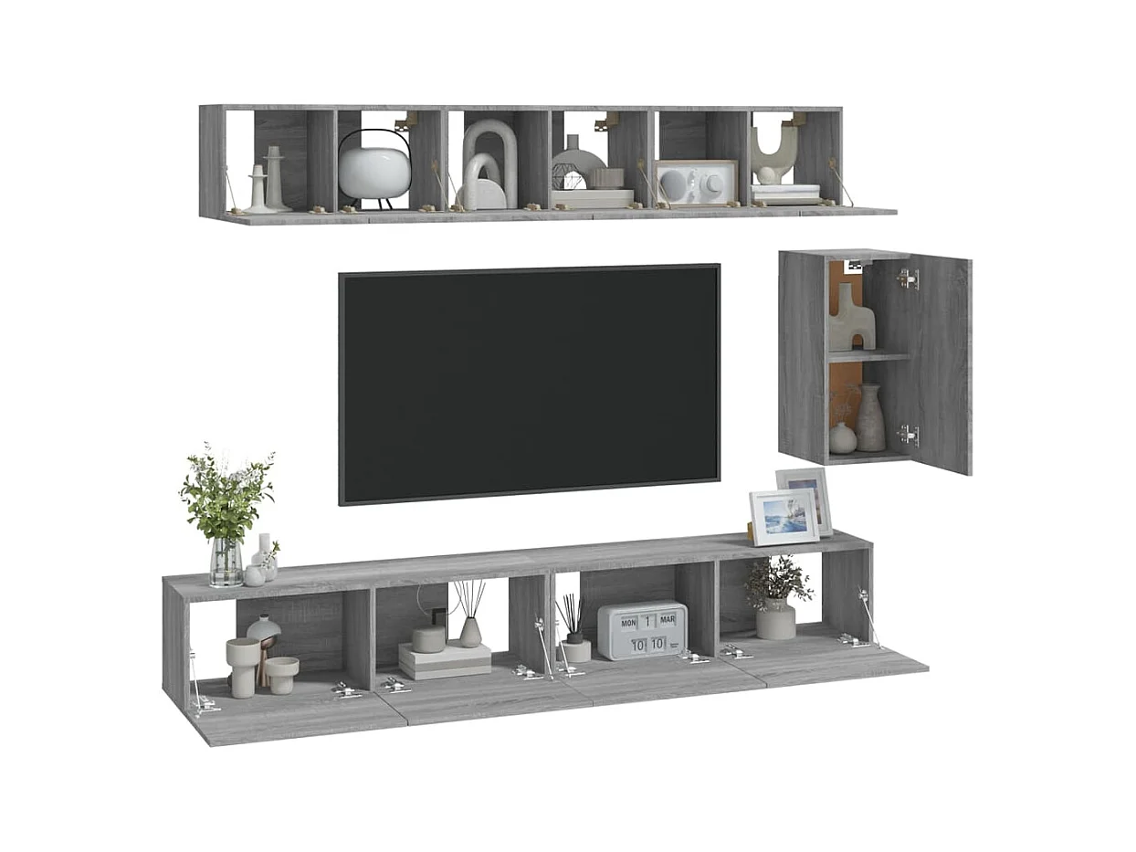 Set de muebles para TV  | Gabinetes de TV |  Muebles de salón 6 pzas madera contrachapada gris Sonoma