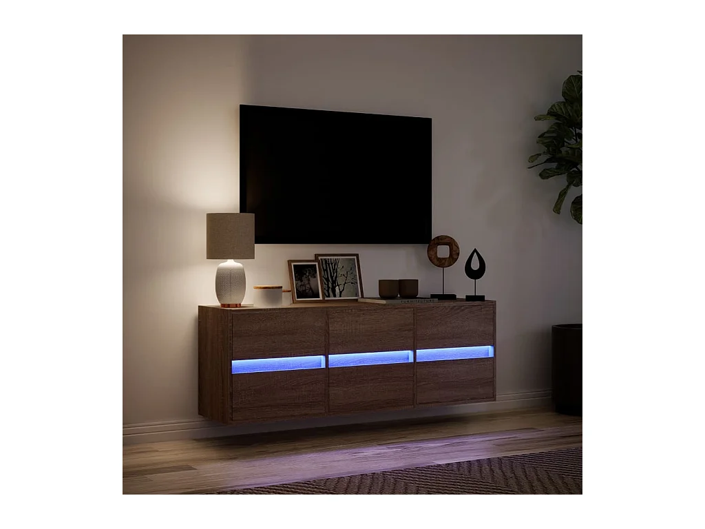 Mueble de TV | Mueble de salón de pared con luces LED marrón roble 130x31x45 cm