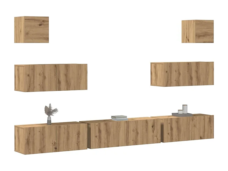 7-delig Tv-meubelset | Tv-Bank | TV-kast wandmontage bewerkt hout artisanaal eiken