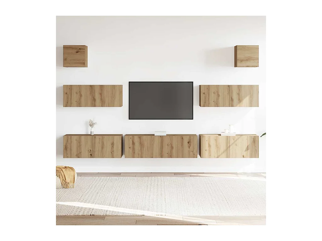 7-delig Tv-meubelset | Tv-Bank | TV-kast wandmontage bewerkt hout artisanaal eiken