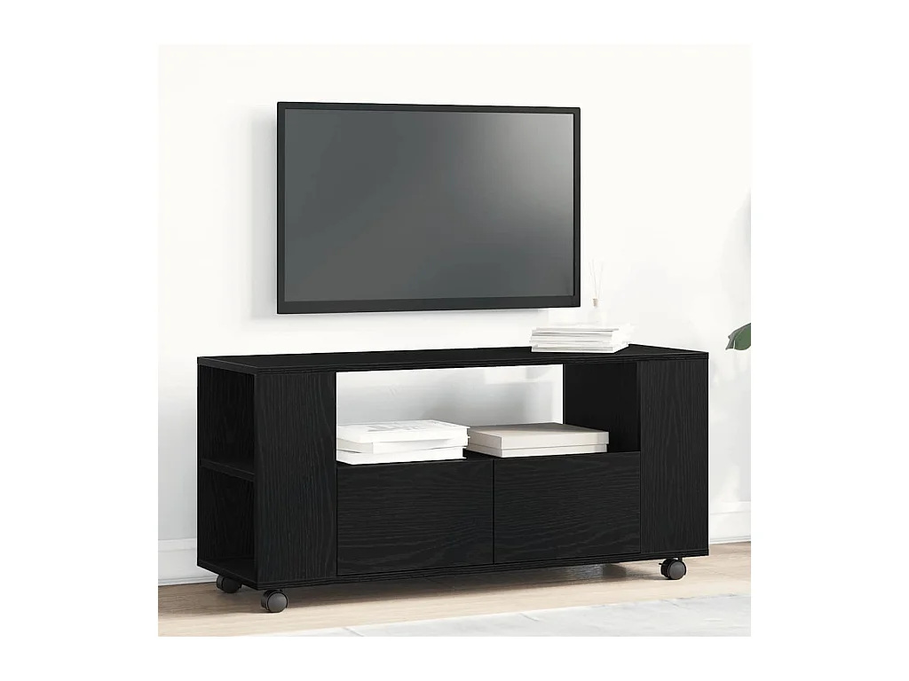 Meuble TV | Banc TV | Armoire TV avec roulettes chêne noir bois d'ingénierie