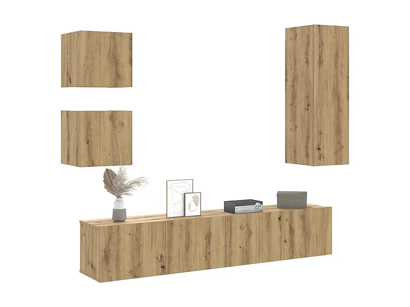 5-delig Tv-meubelset | Tv-Bank | TV-kast wandmontage bewerkt hout artisanaal eiken