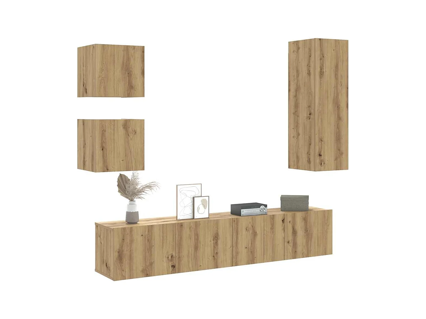 5-delig Tv-meubelset | Tv-Bank | TV-kast wandmontage bewerkt hout artisanaal eiken