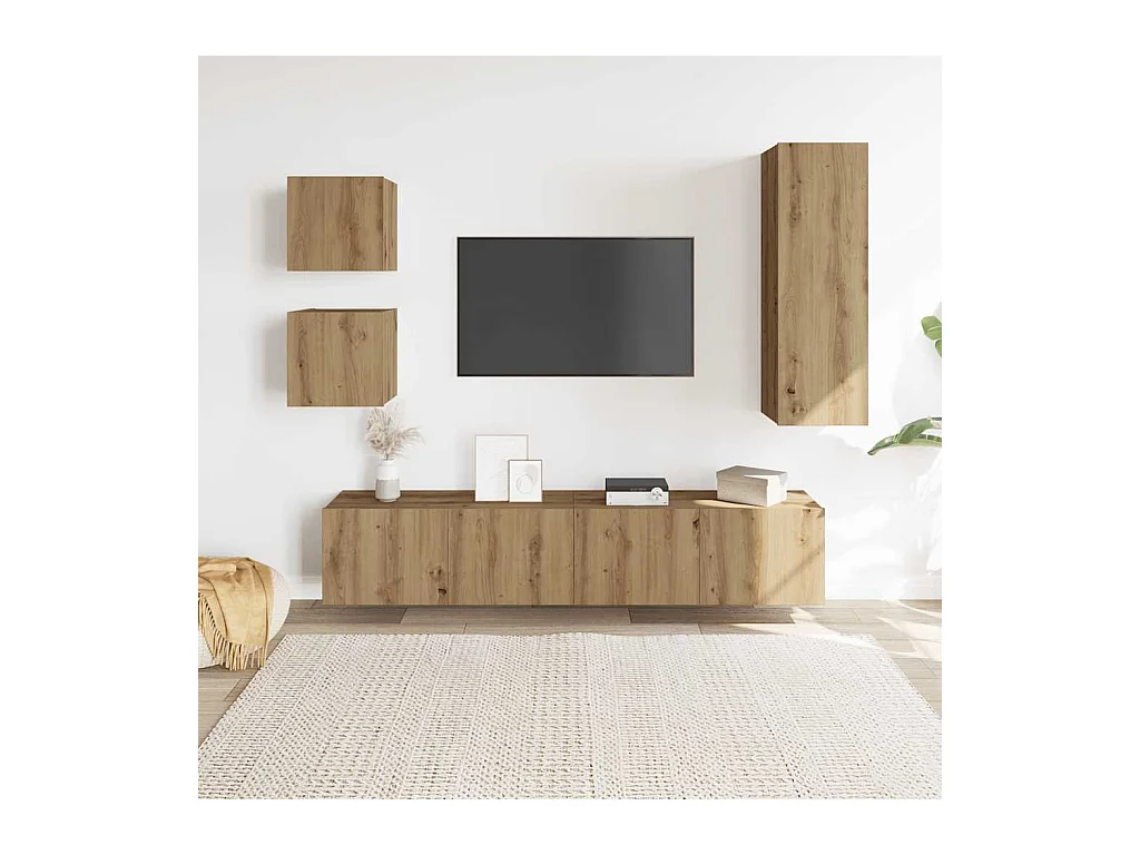 5-delig Tv-meubelset | Tv-Bank | TV-kast wandmontage bewerkt hout artisanaal eiken