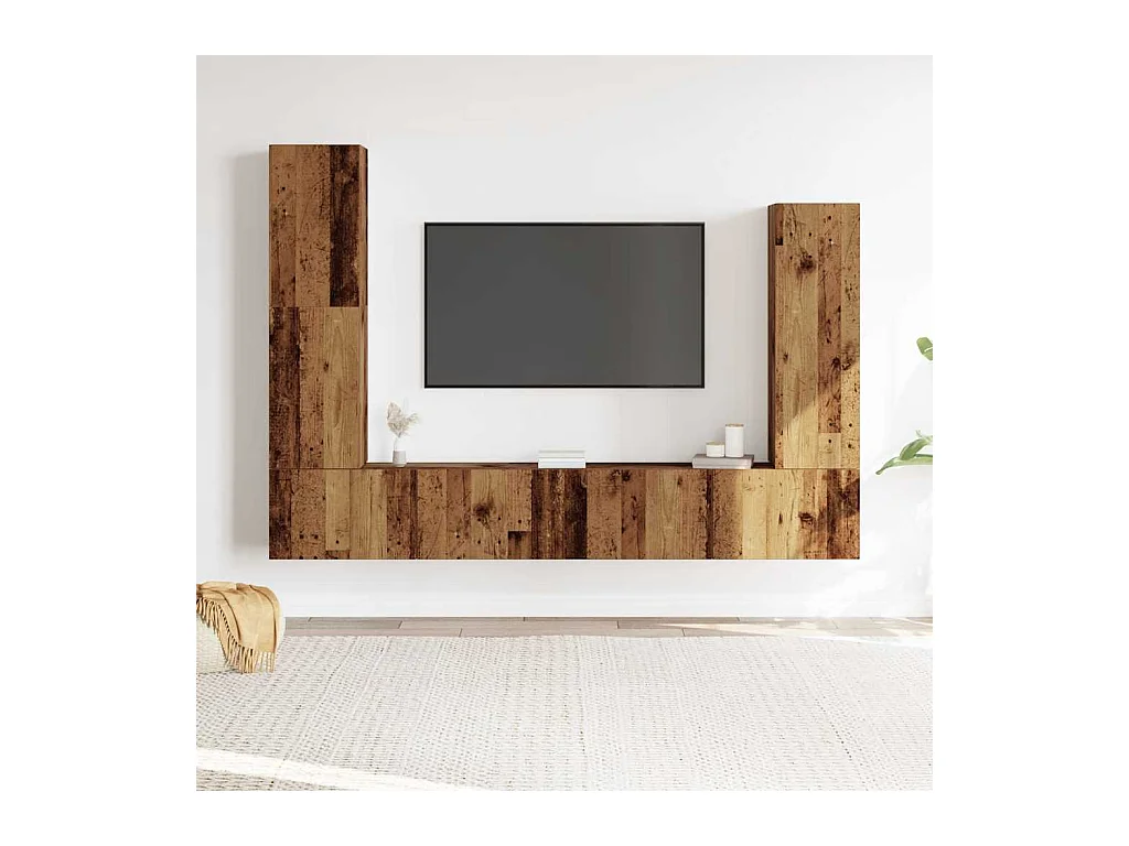 4-delig Tv-meubelset | Tv-Bank | TV-kast wandmontage bewerkt hout oud houtkleurig