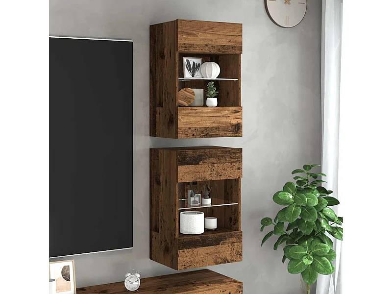 Mueble TV | Armarios de pared con luces LED para TV 2 uds envejecida 40x30x60,5cm