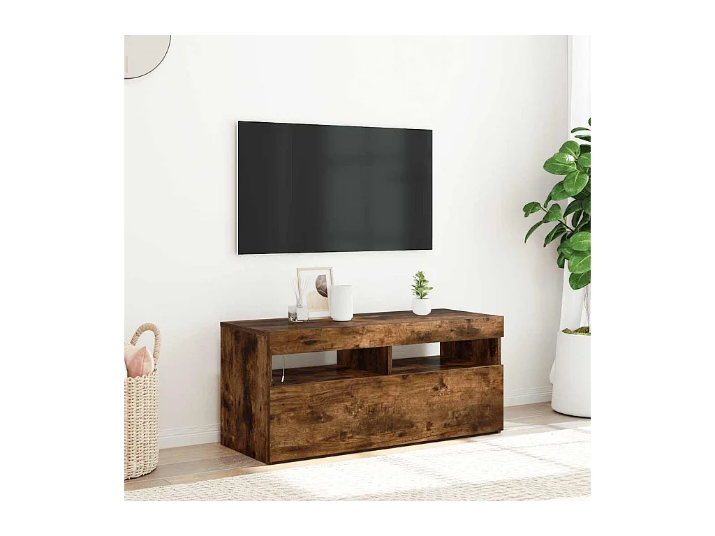 Meuble TV | Banc TV | Armoire TV avec lumières LED Chêne fumé 90x35x40 cm