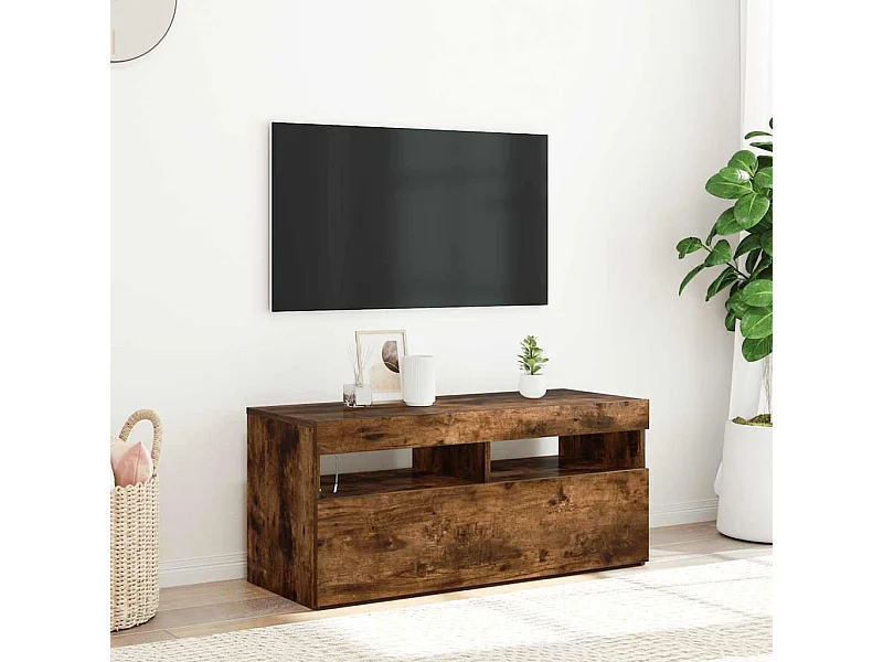 Meuble TV | Banc TV | Armoire TV avec lumières LED Chêne fumé 90x35x40 cm