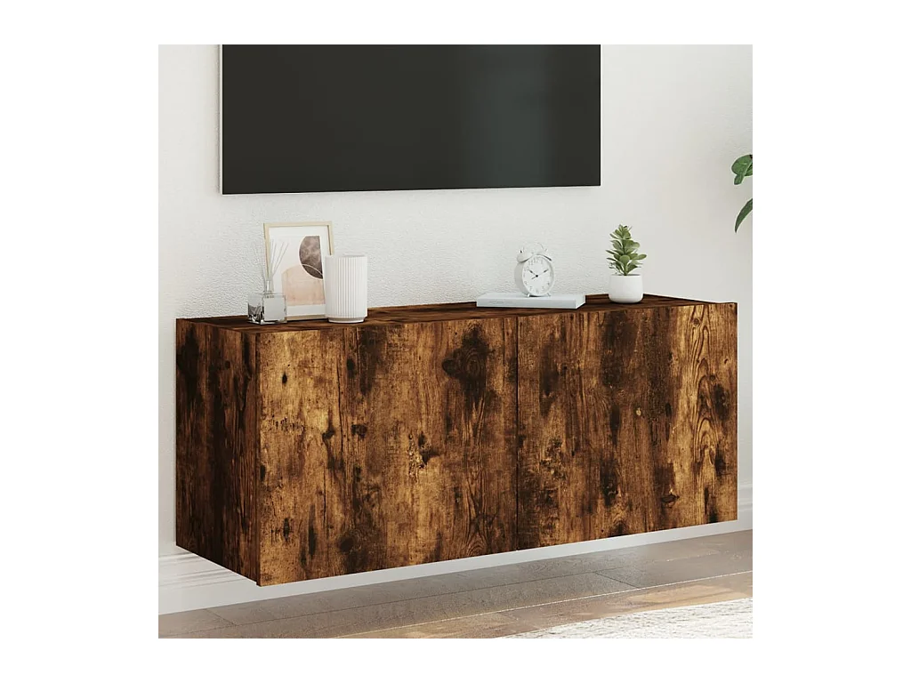 Mueble de TV | Mueble de salón de pared con luces LED roble ahumado 100x35x41 cm