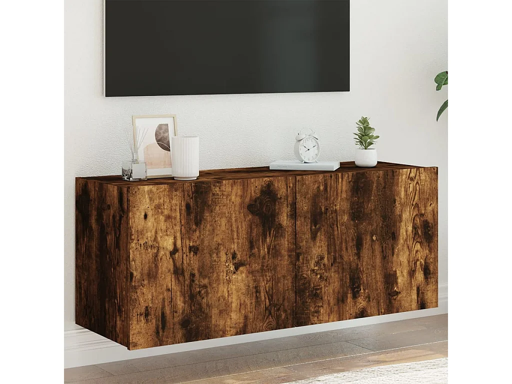 Meuble TV | Banc TV | Armoire TV mural avec lumières LED chêne fumé 100x35x41 cm