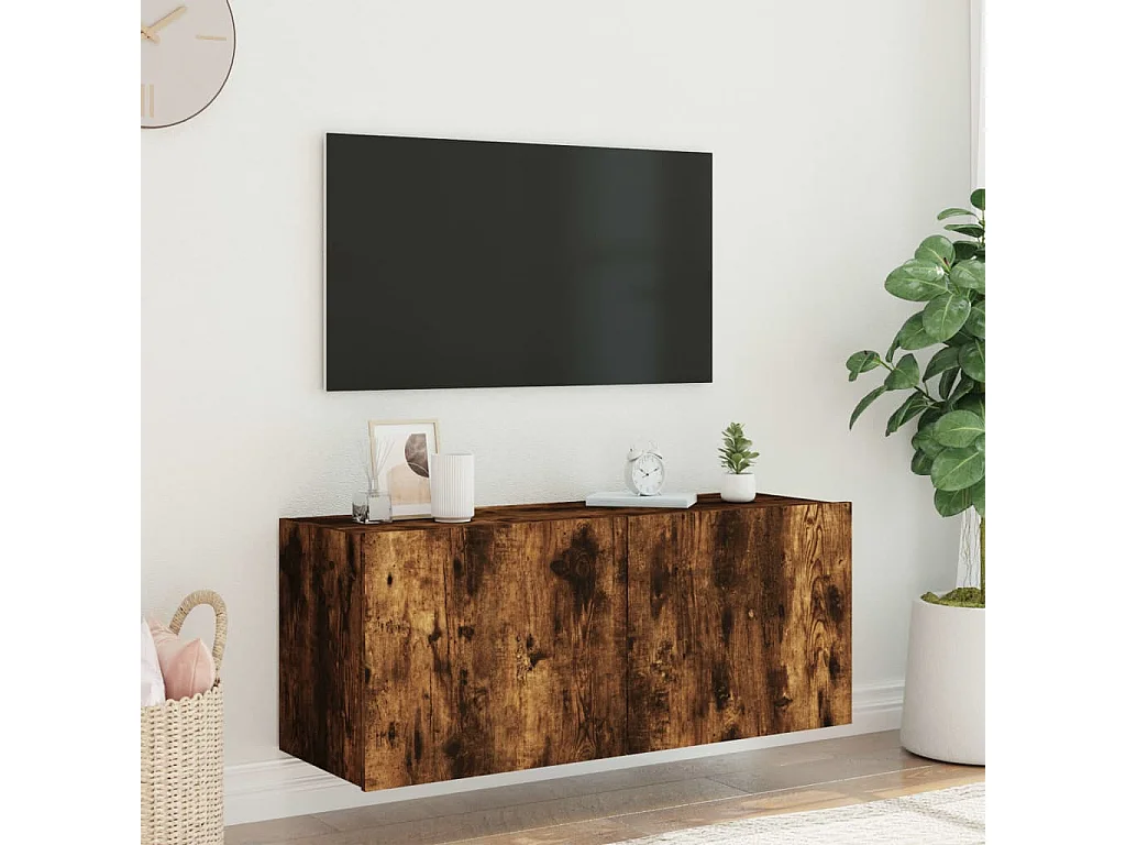 Meuble TV | Banc TV | Armoire TV mural avec lumières LED chêne fumé 100x35x41 cm