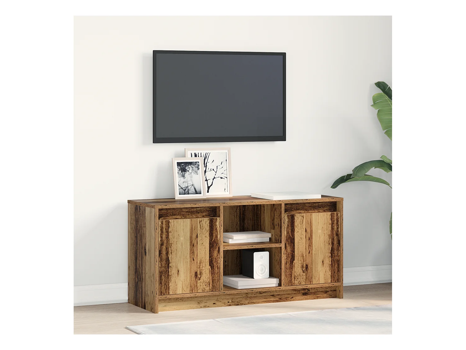 TV kast | Tv-meubel | Tv-Bank met LED Verlichting - Oud Hout, 100x34x50 cm van Bewerkt Hout.