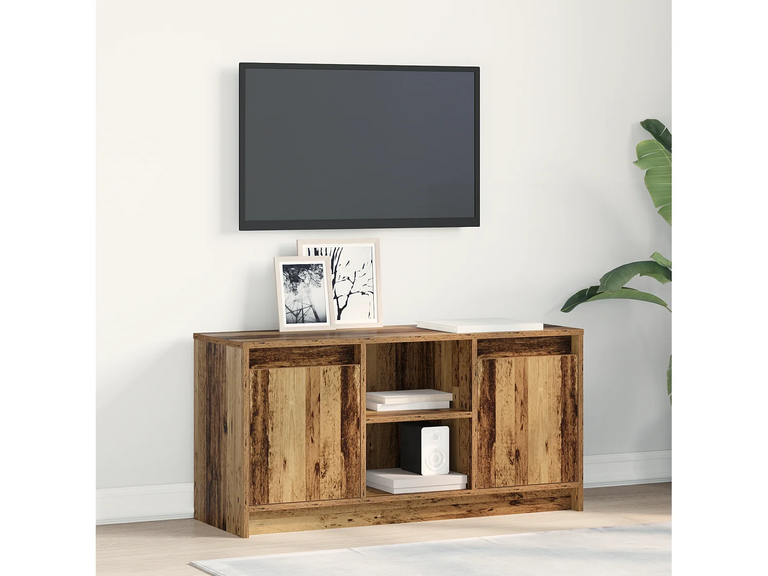 TV kast | Tv-meubel | Tv-Bank met LED Verlichting - Oud Hout, 100x34x50 cm van Bewerkt Hout.