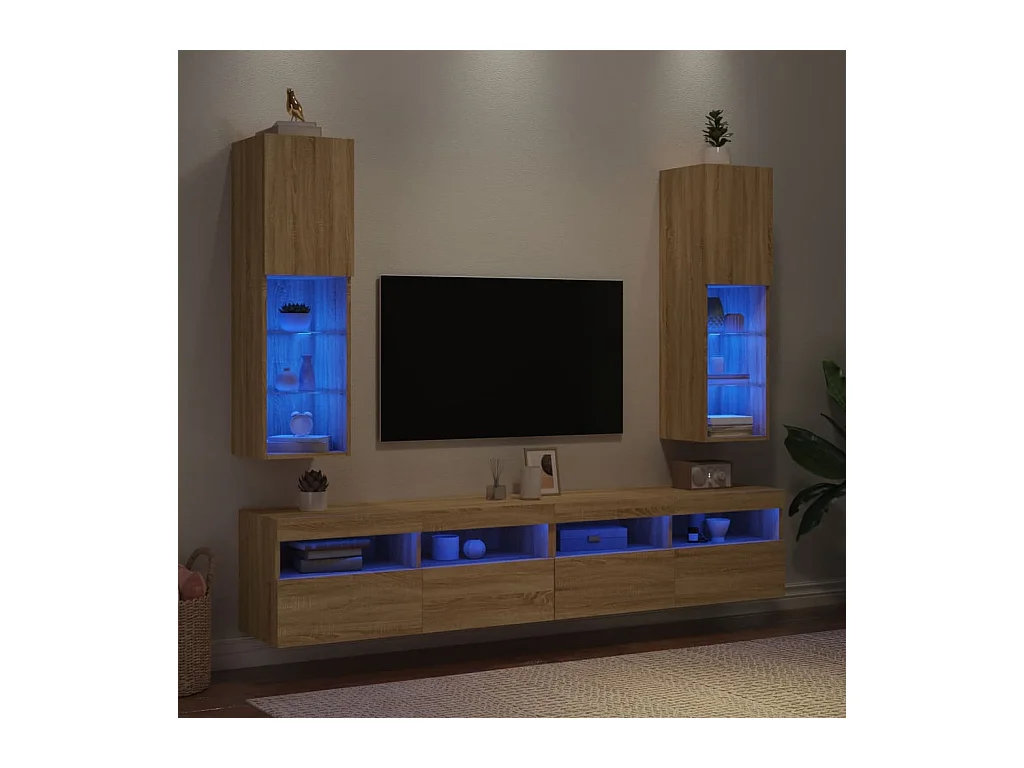 Muebles de TV | Gabinetes de TV |  Muebles de salón con luces LED 2 uds roble Sonoma 30,5x30x102 cm
