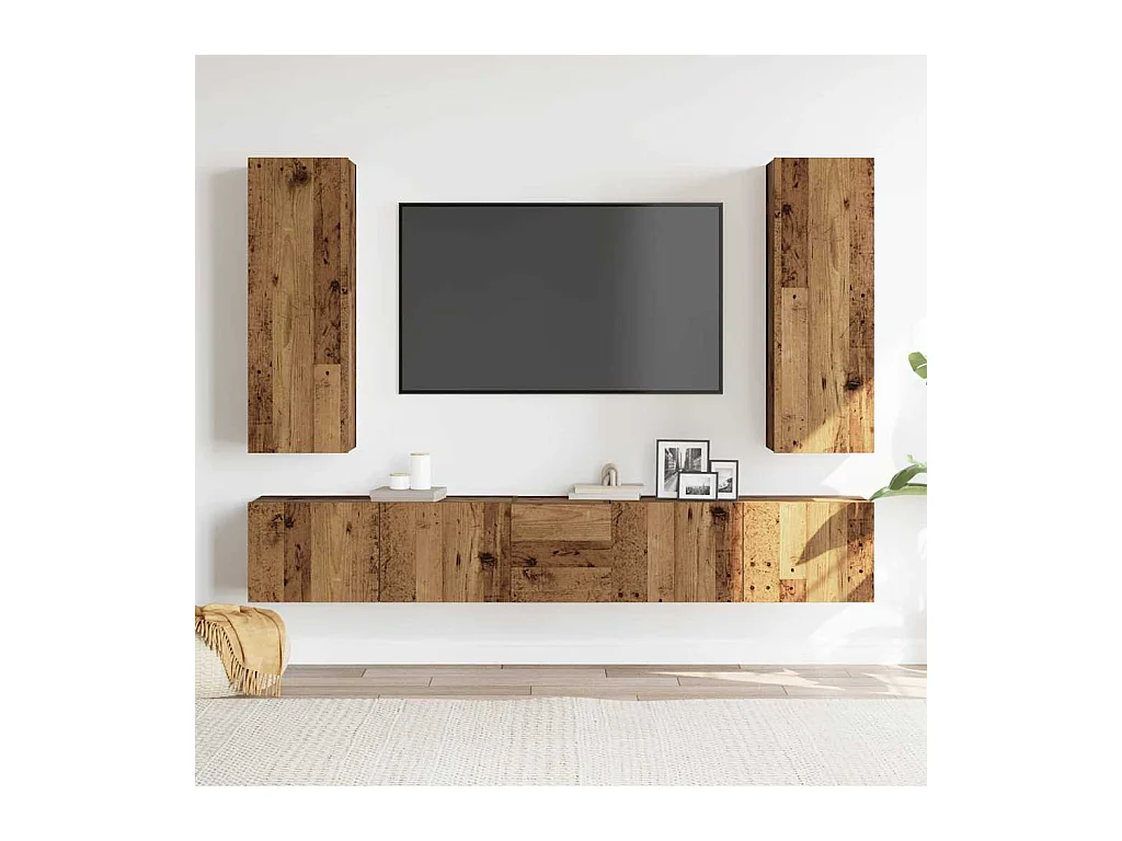 5-delig Tv-meubelset | Tv-Bank | TV-kast wandmontage bewerkt hout oud houtkleurig