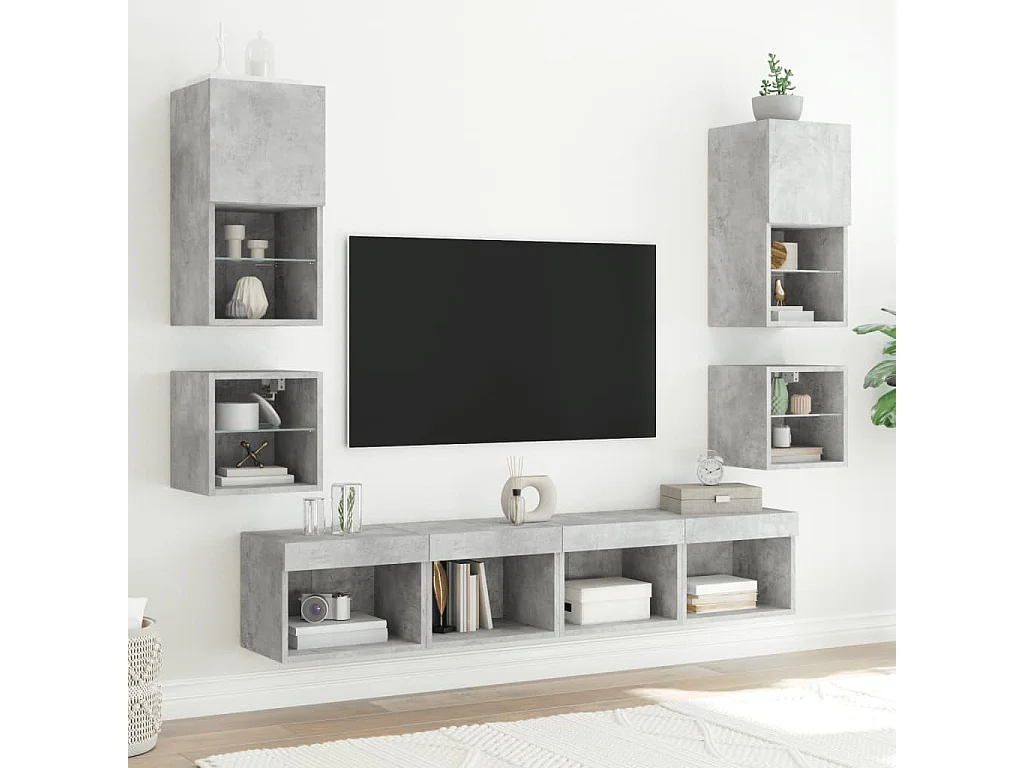 Mueble de TV | Mueble de salón de pared con luces LED gris hormigón 30x28,5x30 cm