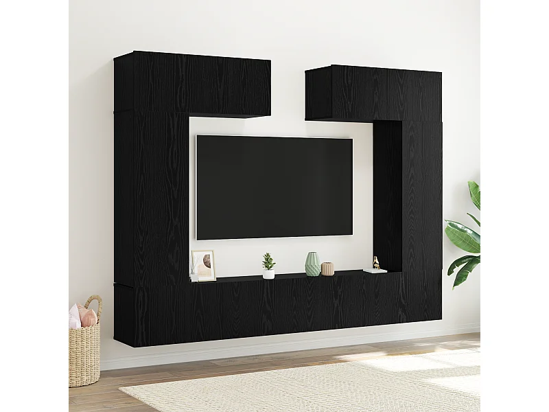 8-delige TV Meubel | Tv-Bank | TV-kast set - Wandgemonteerd in zwart eiken, engineered hout