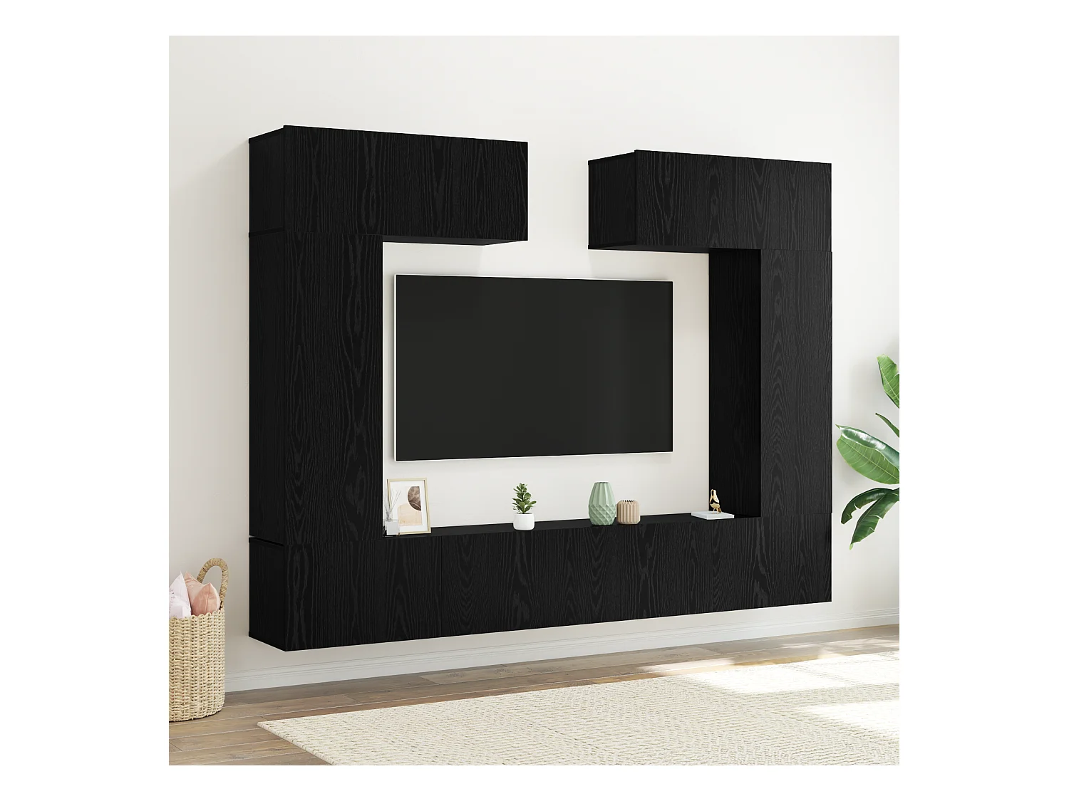 Ensemble de meuble TV | Banc TV | Armoire TV 8 pièces – Monté au mur en chêne noir, bois fabriqué