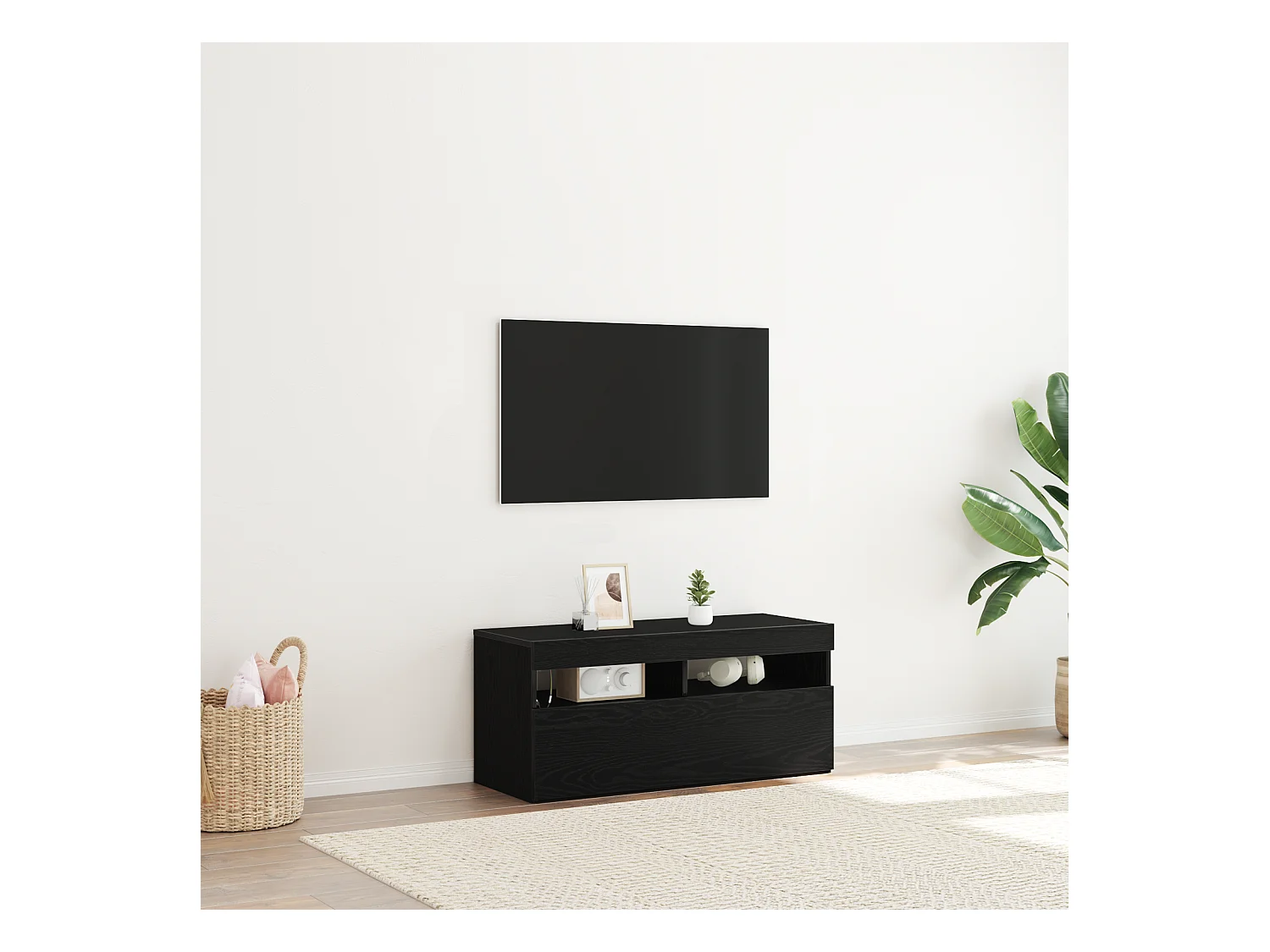 TV-kast | Tv-meubel | Tv-Bank met LED-verlichting - Zwart Eiken - 90x35x40 cm - Bewerkt Hout