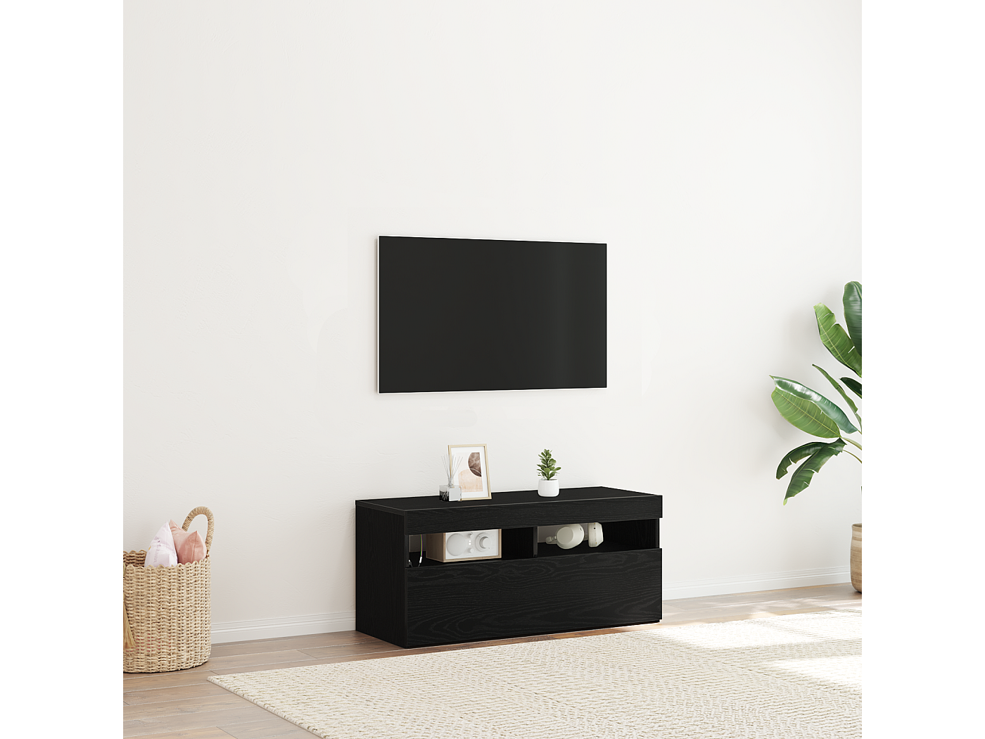TV-kast | Tv-meubel | Tv-Bank Met LED-verlichting - Zwart Eiken 75x35x40 Cm Bewerkt Hout