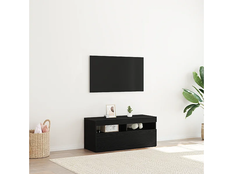 TV-kast | Tv-meubel | Tv-Bank met LED-verlichting - Zwart Eiken - 90x35x40 cm - Bewerkt Hout