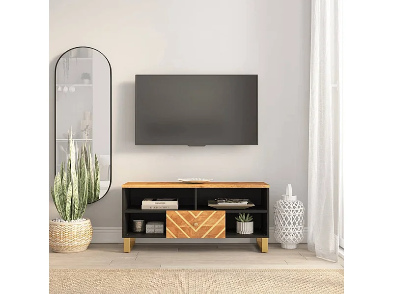 Mueble de TV | Mueble de salón madera maciza mango marrón y negro 100x33,5x46 cm