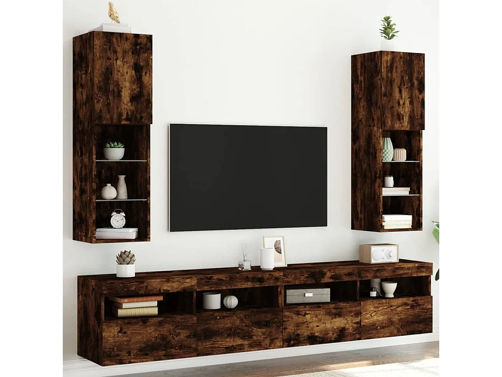 Tv-meubel | Tv-Bank | TV-kasts LED-verlichting 2 st 30,5x30x102 cm gerookt eiken